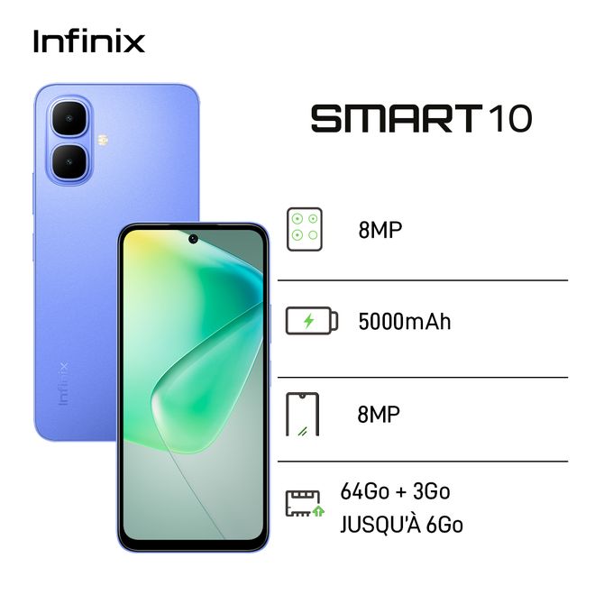 Infinix Smart 10 Neuf 6 GB - 64 GB - Android 14 - 5000Mah - 6'7 Pouces 120Hz